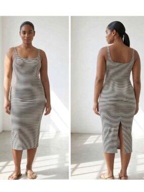 Zara Trafaluc TRF Striped Sleeveless Midi Bodycon Dress Black White Nautical L